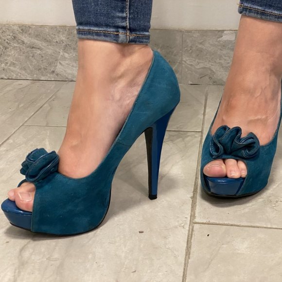 Qupid Teal Green Peep Toe Heels 8 1/2 - Picture 2 of 7